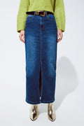 Saia Maxi de Denim Elástico com Fenda na Frente em Tom Médio
