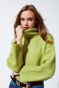Camisola de tricô grosso com gola alta em verde