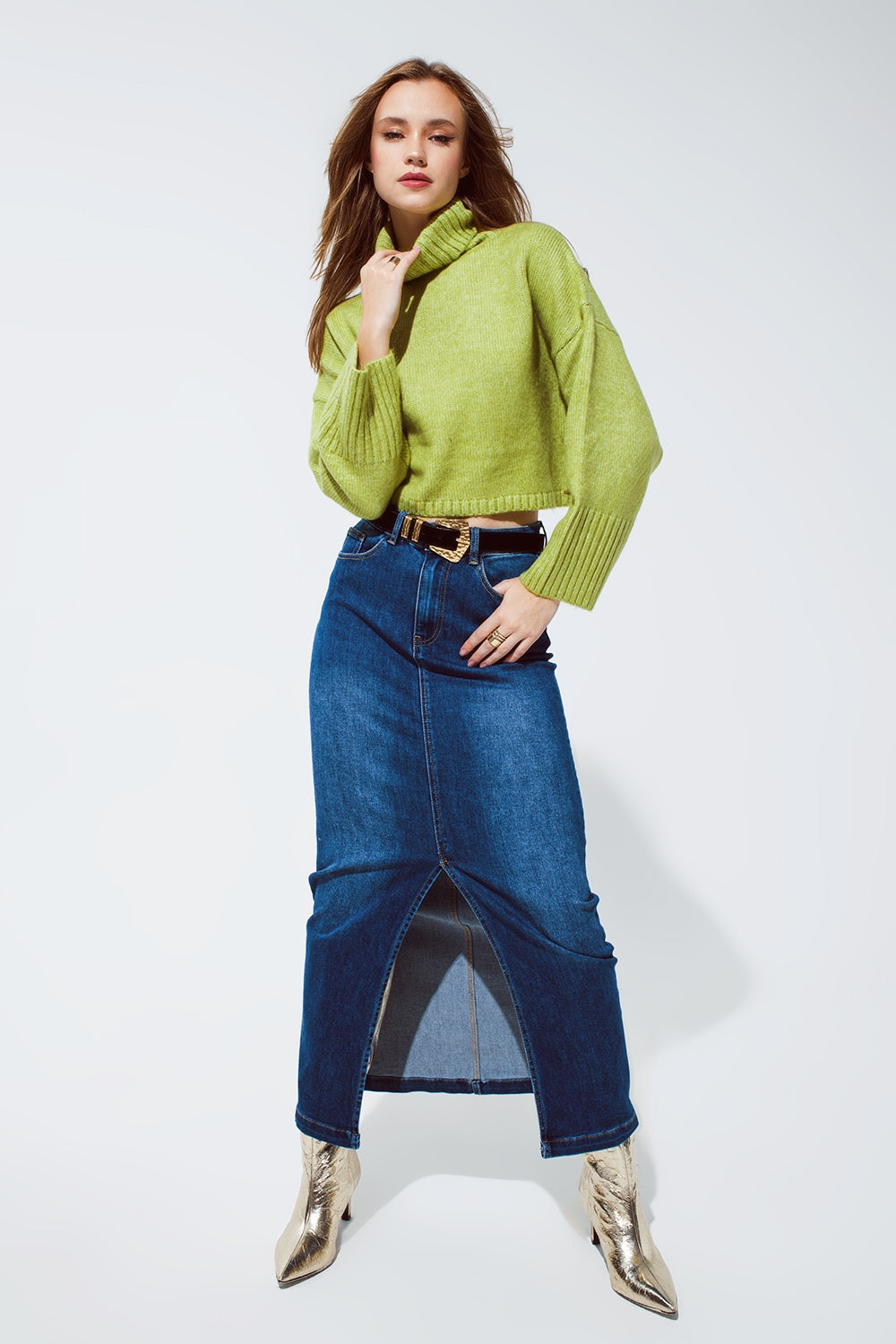 Camisola de tricô grosso com gola alta em verde