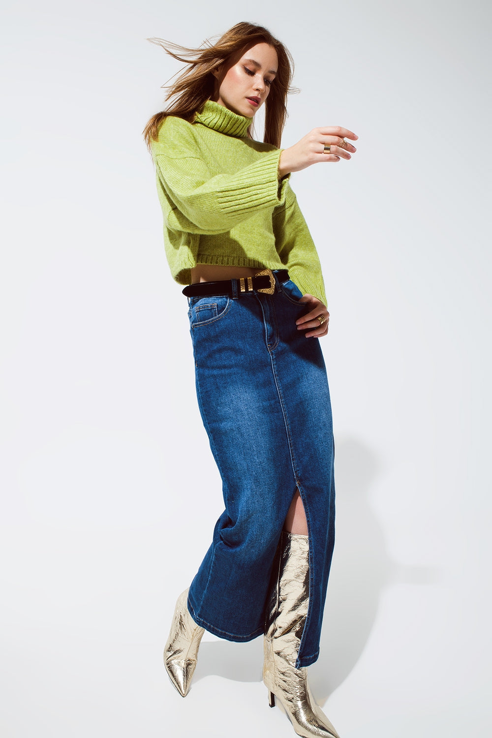 Camisola de tricô grosso com gola alta em verde