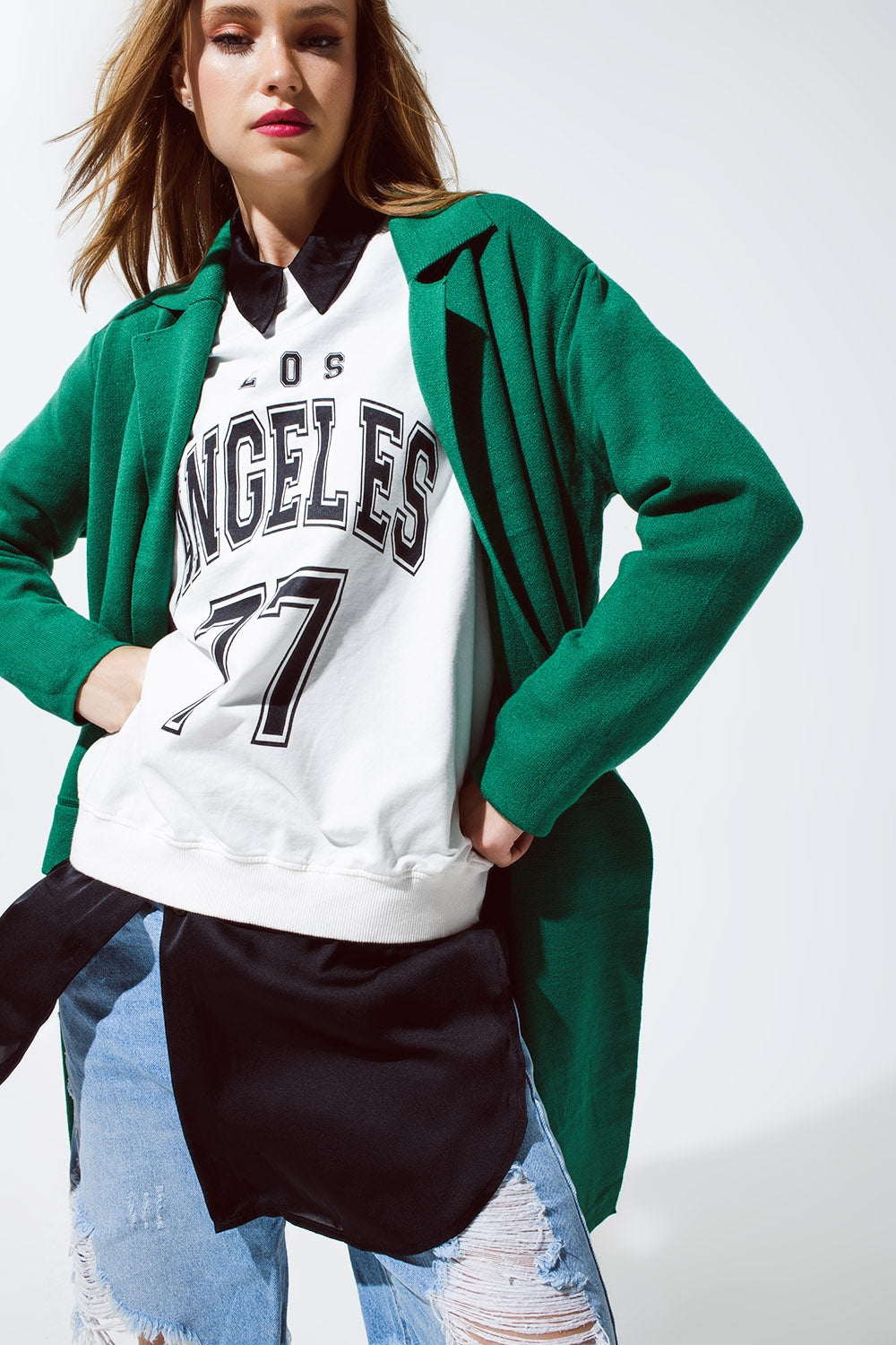 Cardigã maxi com gola oversized em verde
