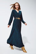 Vestido longo de manga comprida com brilho em verde