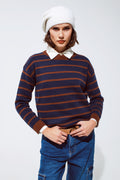 Camisola com gola redonda às riscas em azul-marinho e laranja-ferrugem