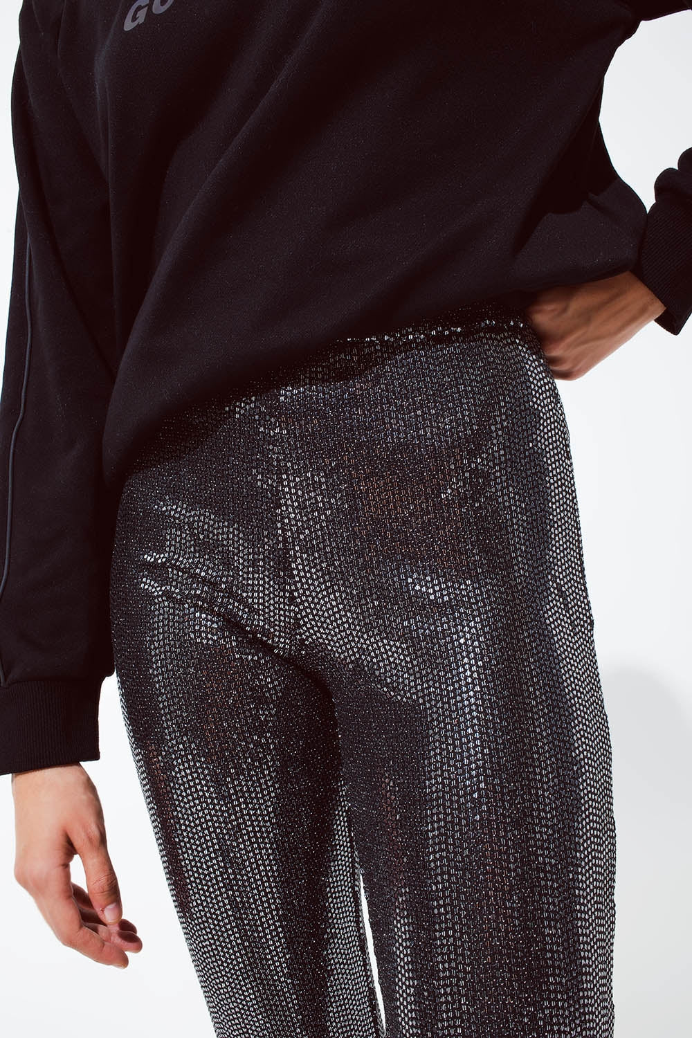 Leggings de tecido metálico em prateado