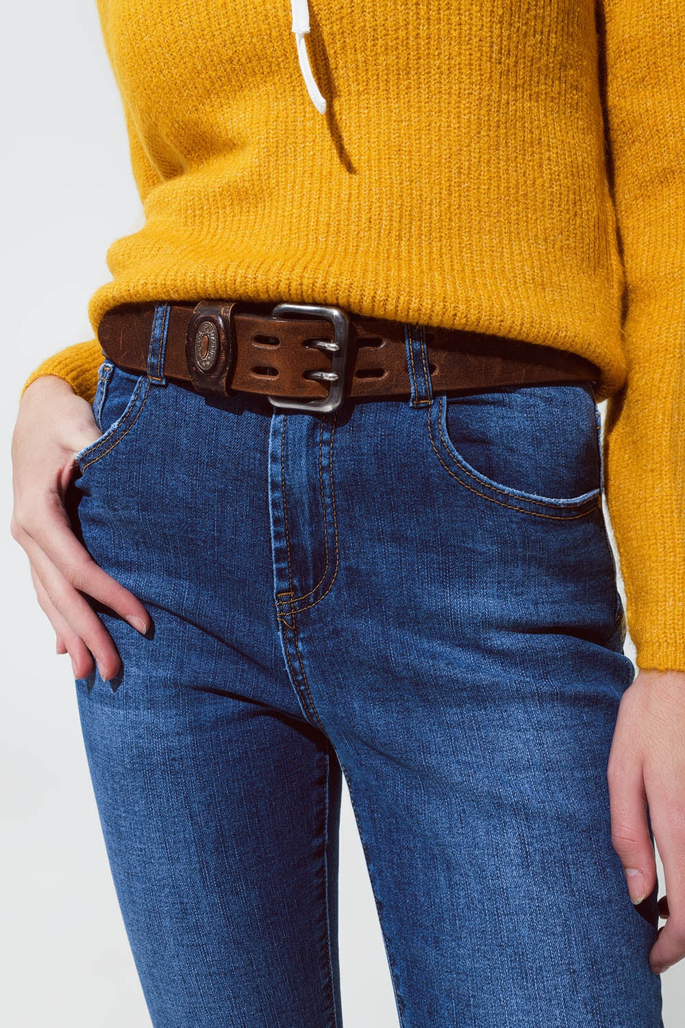 Calças de ganga skinny flare azuis médias
