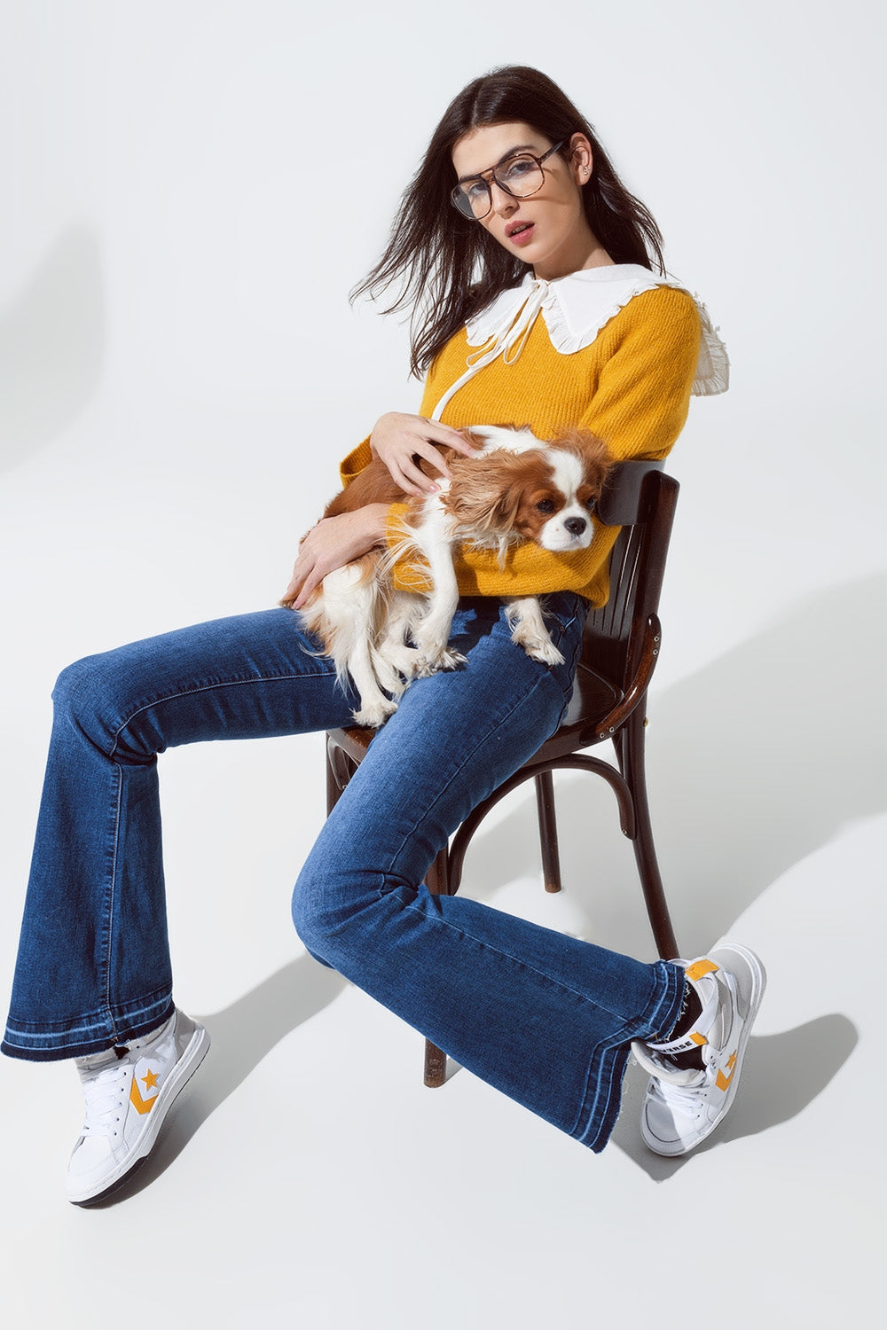 Camisola com gola redonda e canelado em mustard