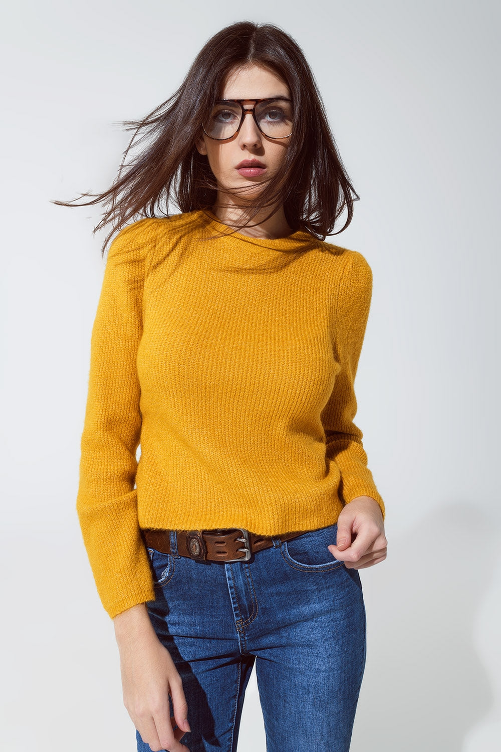 Camisola com gola redonda e canelado em mustard