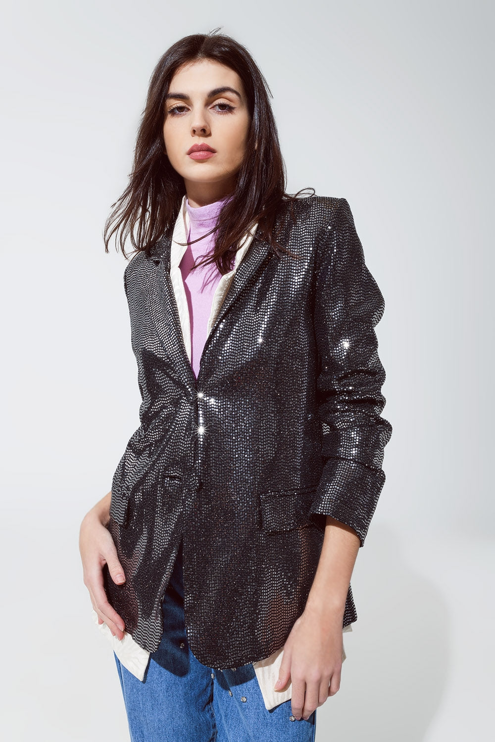 Blazer descontraído com lantejoulas para festas prateado
