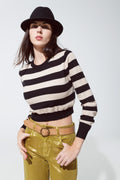 Camisola de gola redonda com design de riscas preto e bege