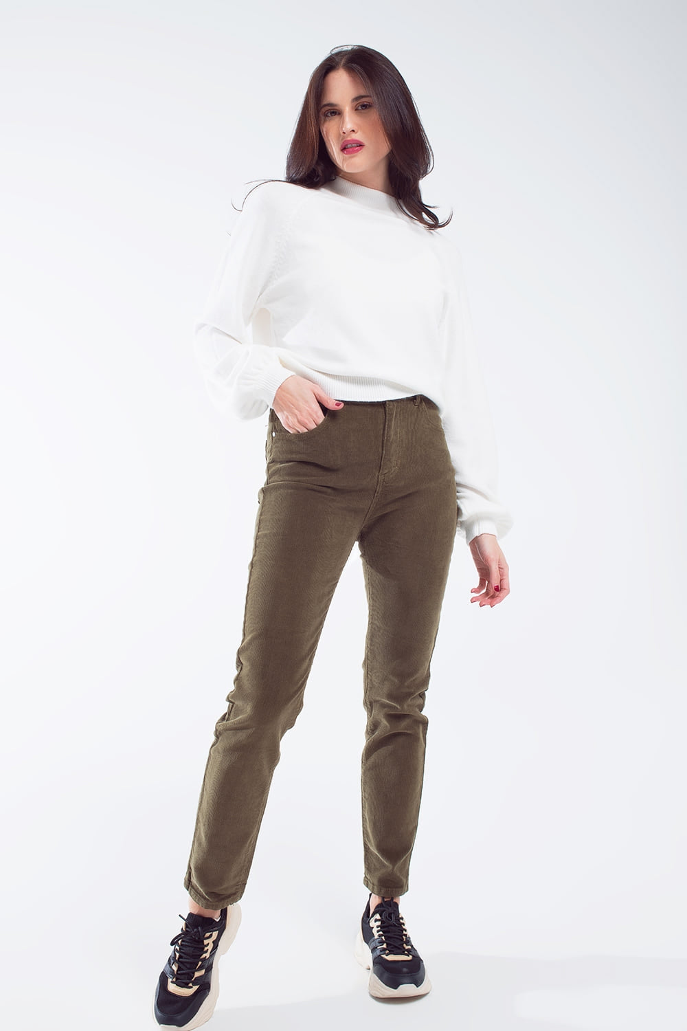 Calças skinny de cordão em verde azeitona