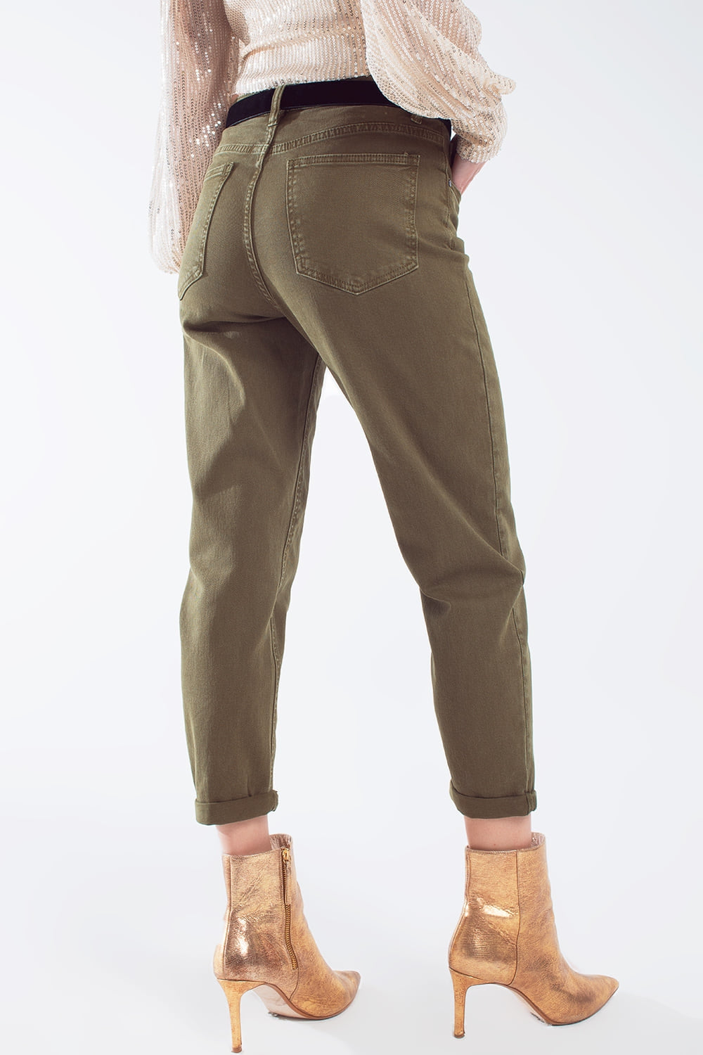 Calças de ganga de algodão de cintura média em khaki sepia
