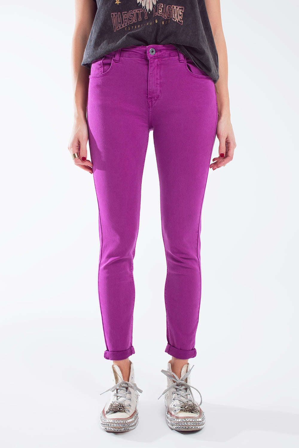 Calças de ganga super skinny fúcsia com rugas suaves no tornozelo