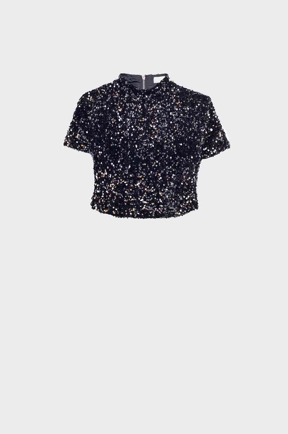 Cropped top glitter lantejoulas preto