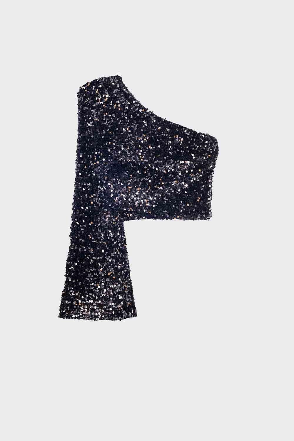 Top de brilhantes com um ombro em preto