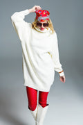Vestido oversized de malha canelada com gola tartaruga em creme