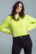 Camisola descontraída com gola alta e nervuras grossas em verde lima