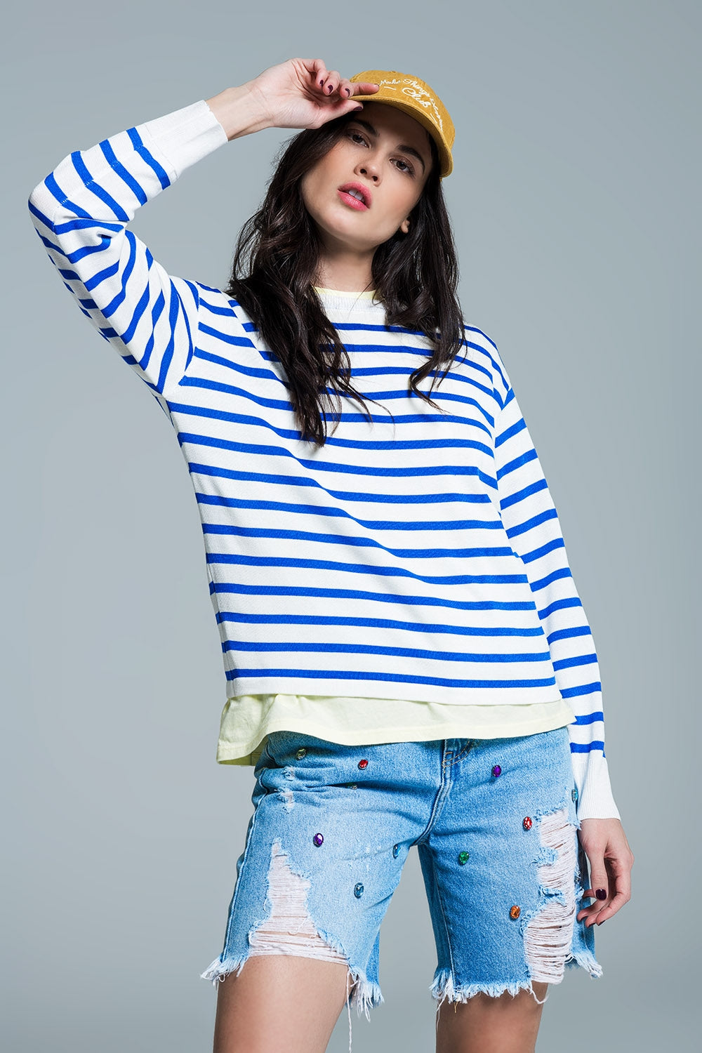 Camisola básica de riscas com gola redonda em azul