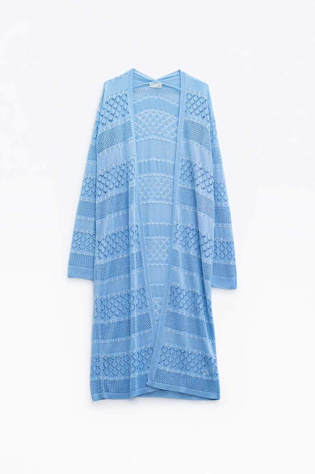 Maxi-casaco de croché azul bebé com mangas compridas