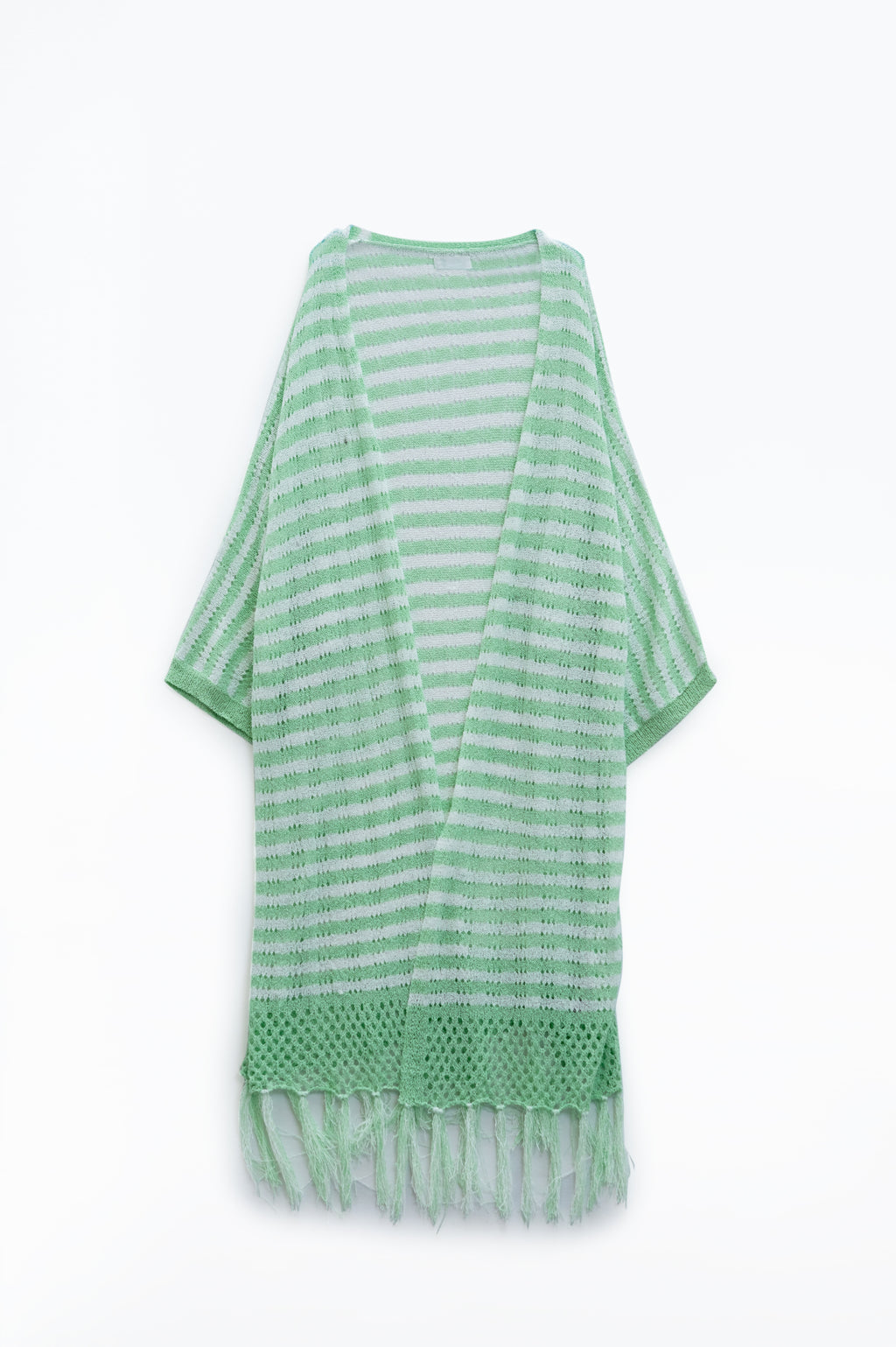 Casaco de malha verde estilo Boho com riscas de malha Pointelle e pormenores de franjas