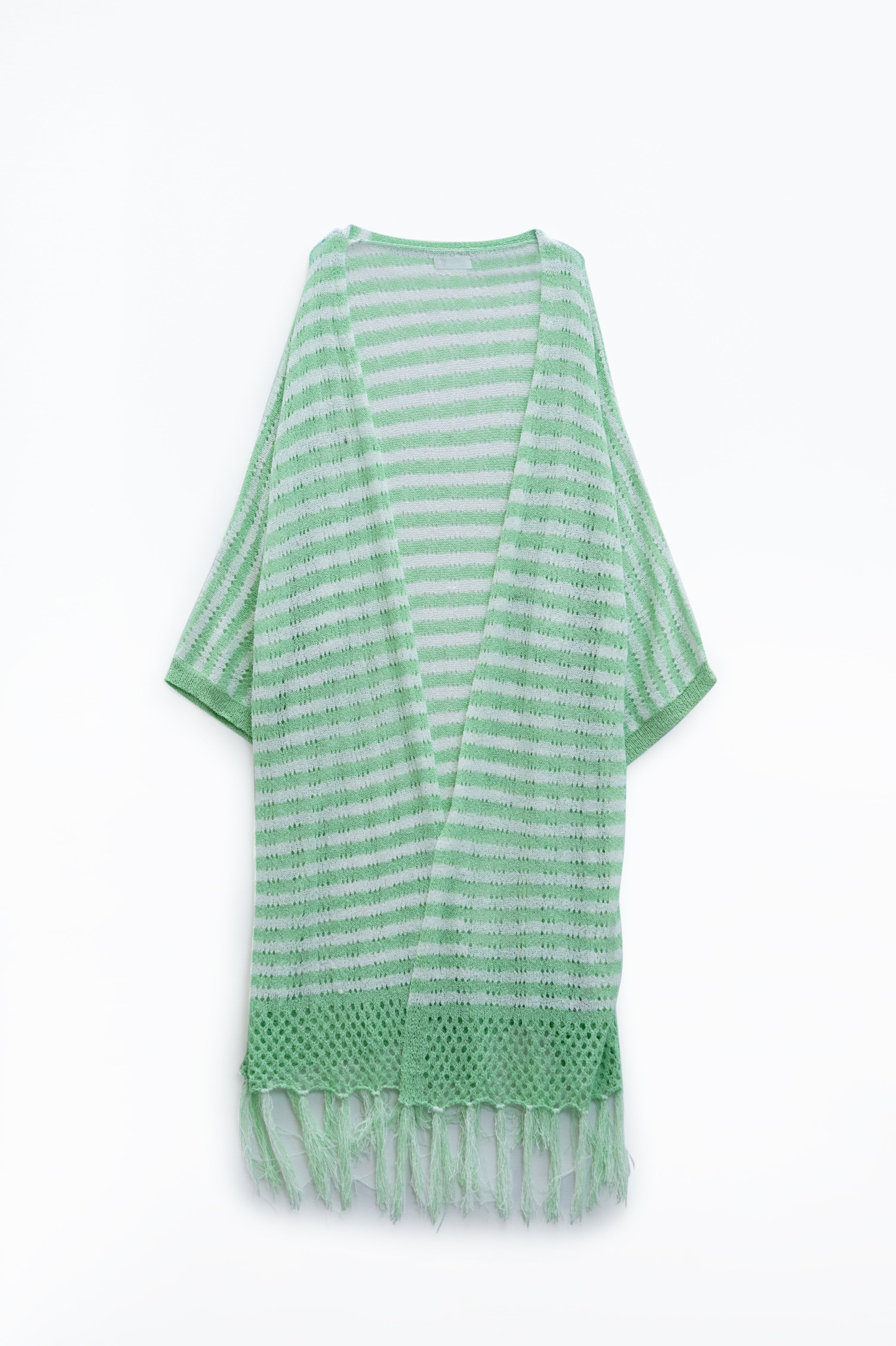 Casaco de malha verde estilo Boho com riscas de malha Pointelle e pormenores de franjas