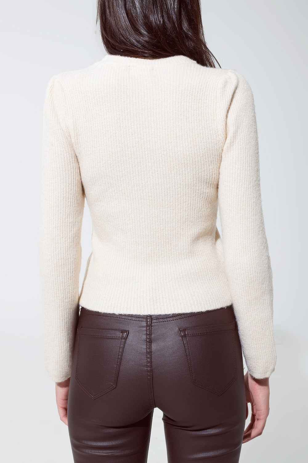 Camisola de gola redonda com nervuras em creme