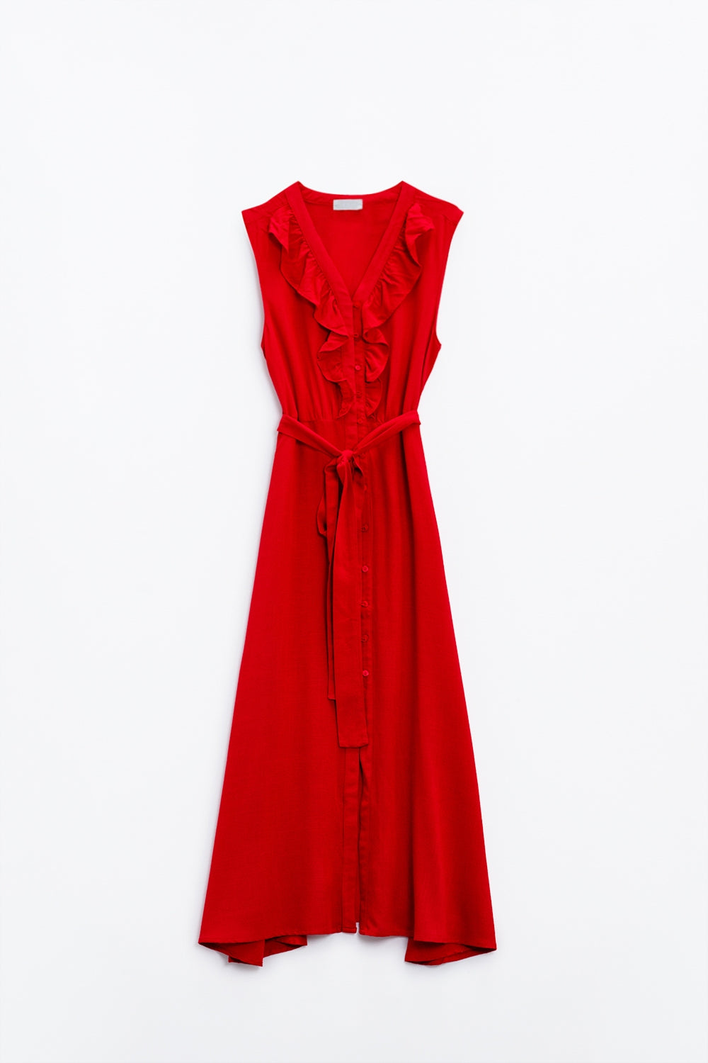 vestido comprido vermelho com folho e pormenor de botões
