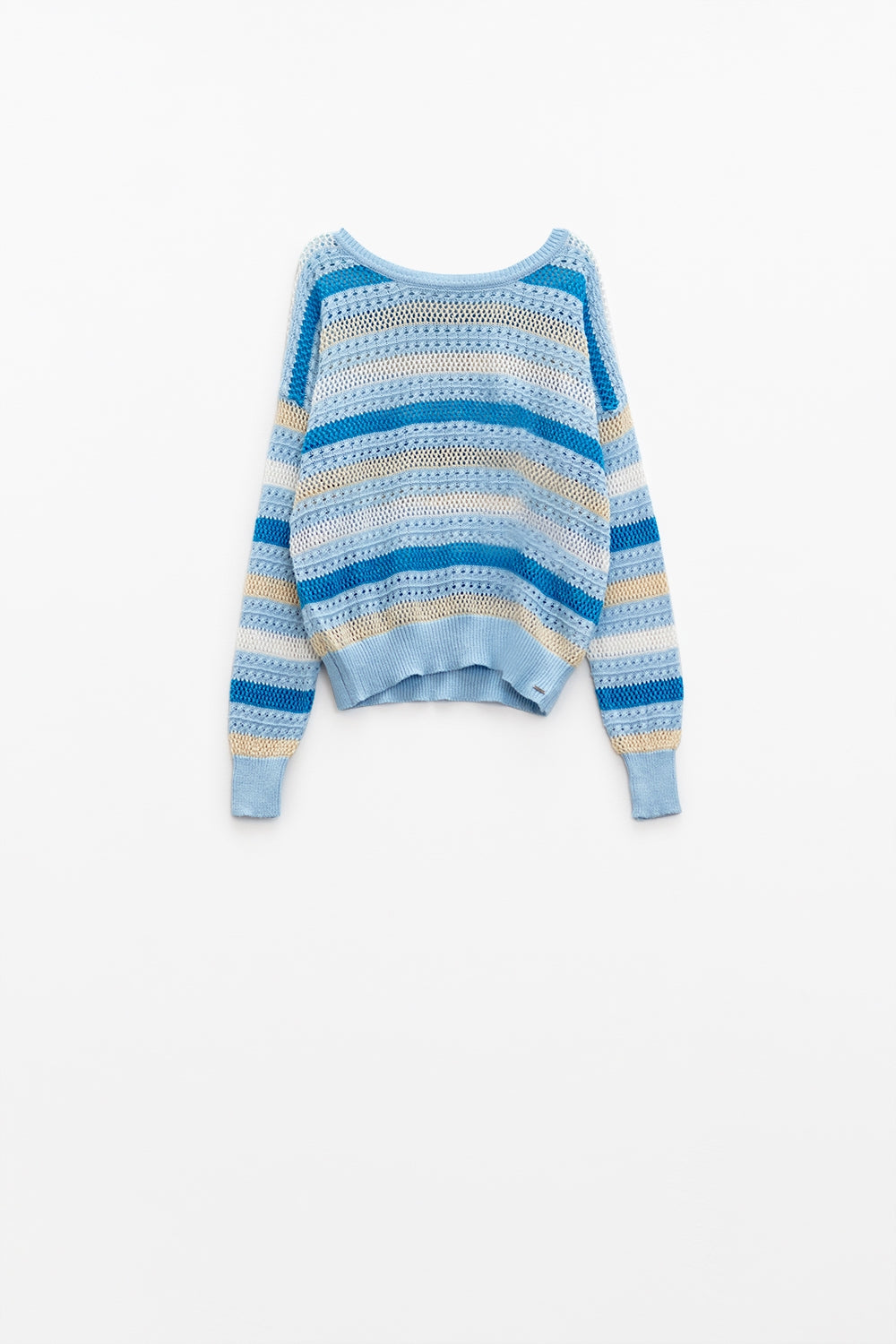 Camisola de malha azul com riscas azuis e brancas