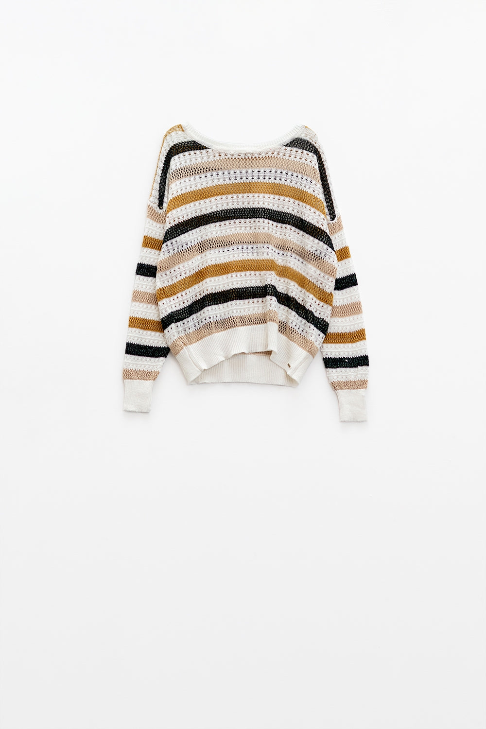 Camisola de malha branca com riscas multicoloridas