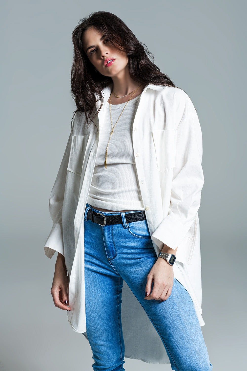 Camisa de corte boyfriend com manga 3/4 em branco