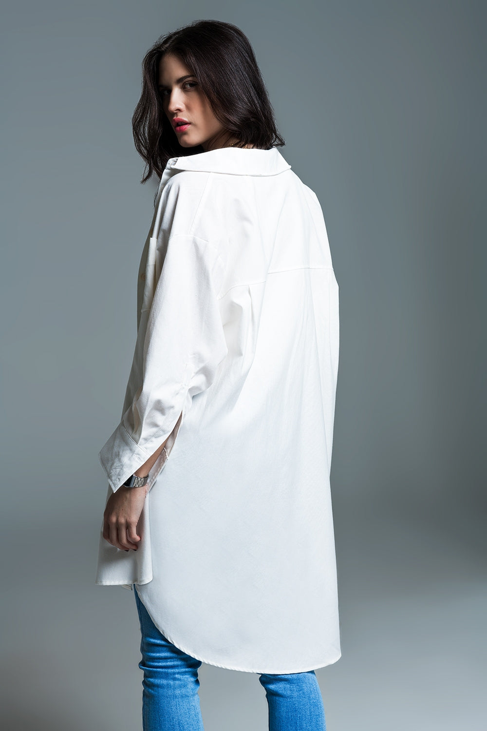 Camisa de corte boyfriend com manga 3/4 em branco