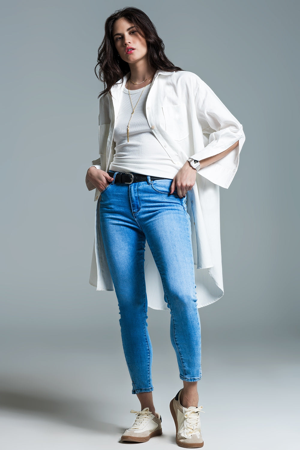 Camisa de corte boyfriend com manga 3/4 em branco