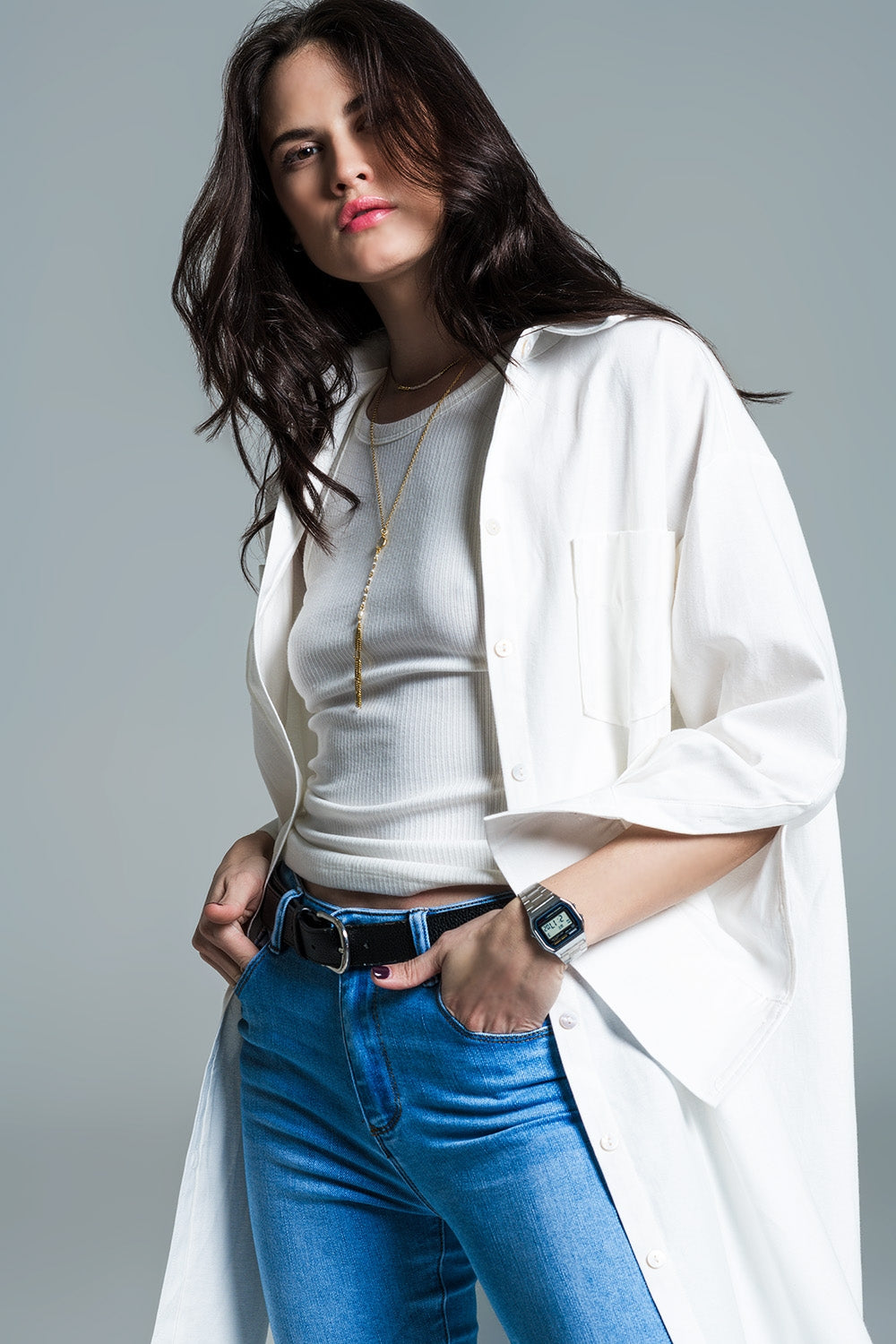 Camisa de corte boyfriend com manga 3/4 em branco