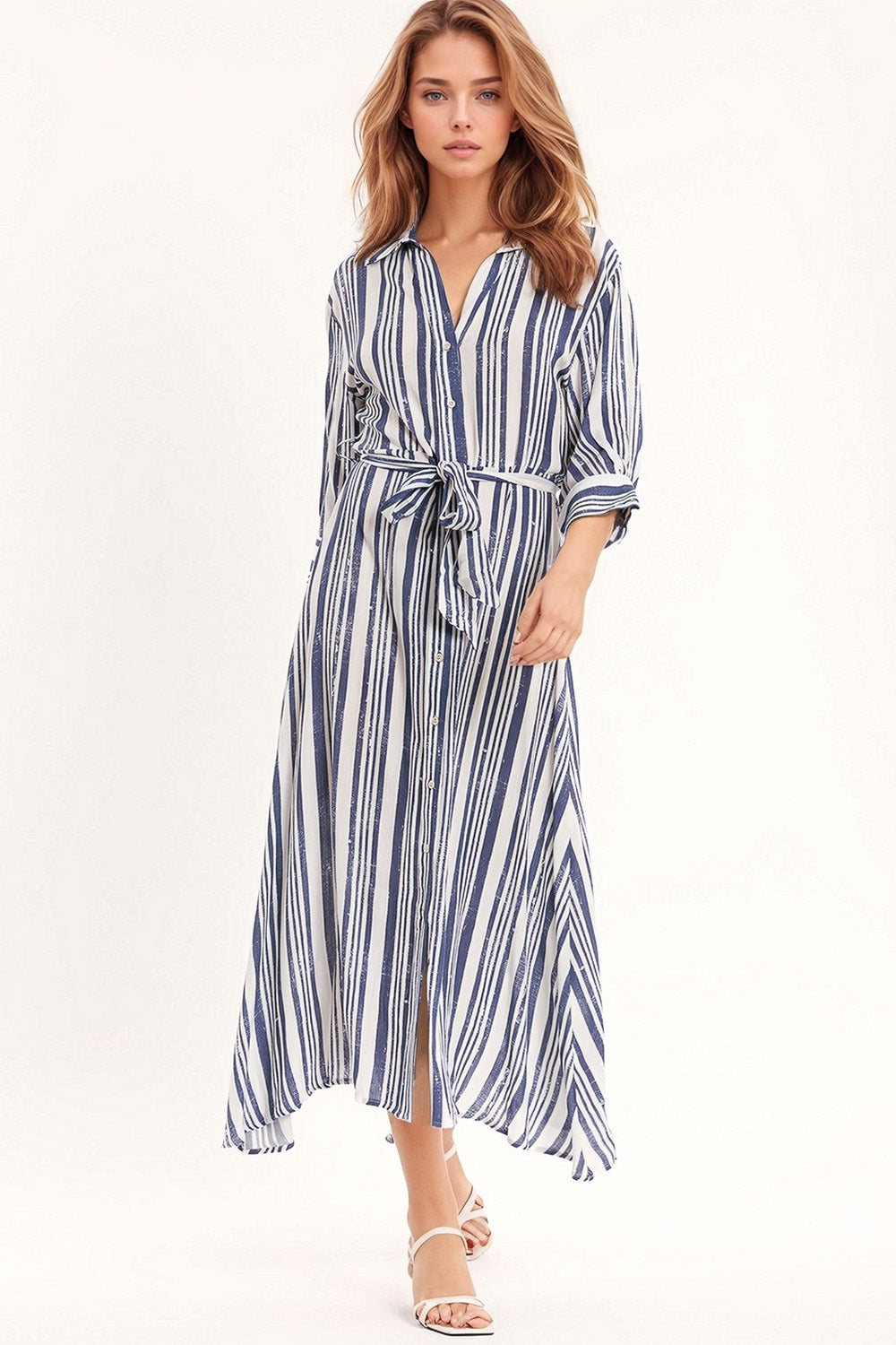 Vestido de camisa Maxi às riscas com manga 3/4 e cinto em azul e branco