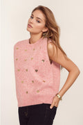 Camisola sem mangas em cor-de-rosa com corações de lantejoulas prateadas