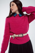 Camisola descontraída de malha waffle com gola alta em vermelho