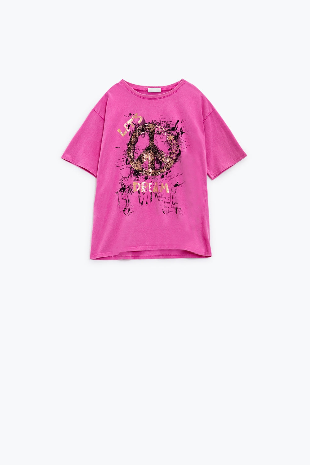T-shirt de manga curta com desenho gráfico do sinal da paz à frente em fúcsia