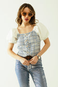 Top de tweed azul com mangas curtas volumosas e botões de pérolas