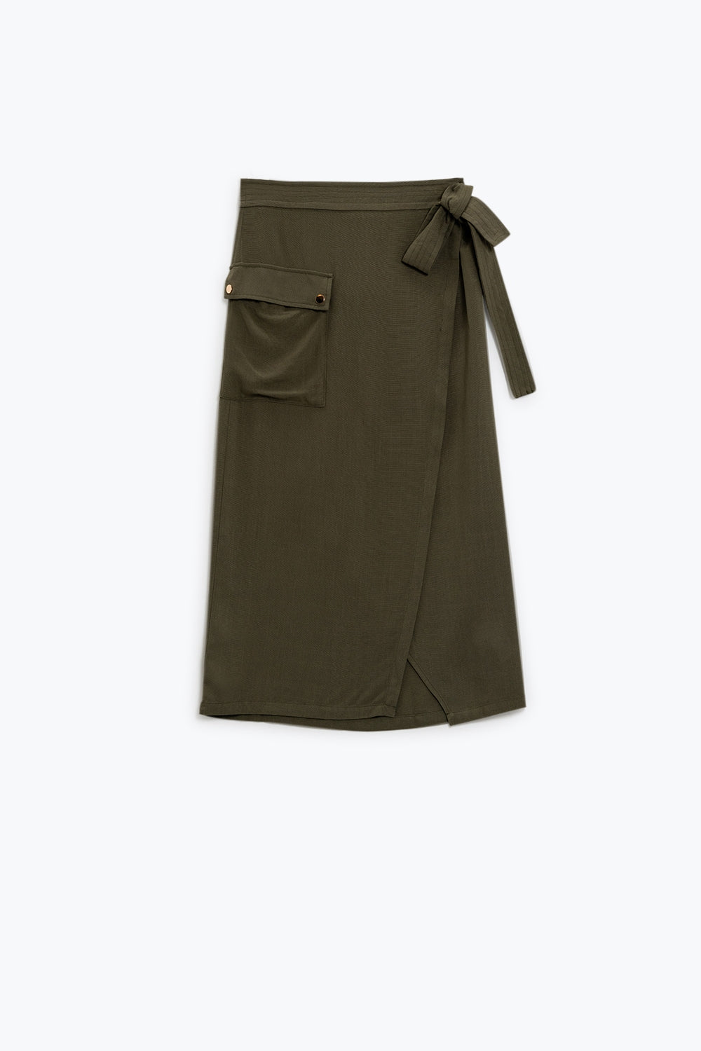 Saia cáqui de comprimento médio com um bolso e um pormenor de renda