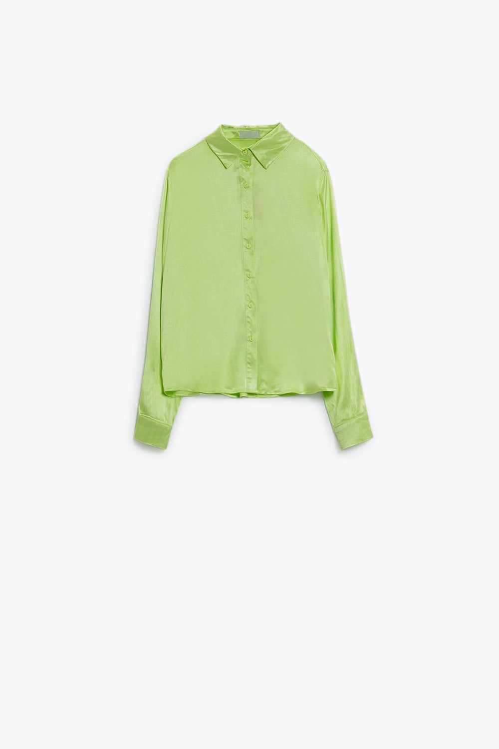Blusa de saten manga comprida com botões e gola polo na cor lima
