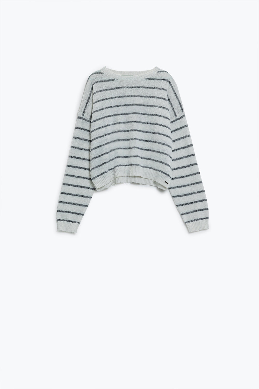 Camisola de ombros caídos em branco com riscas cinzentas