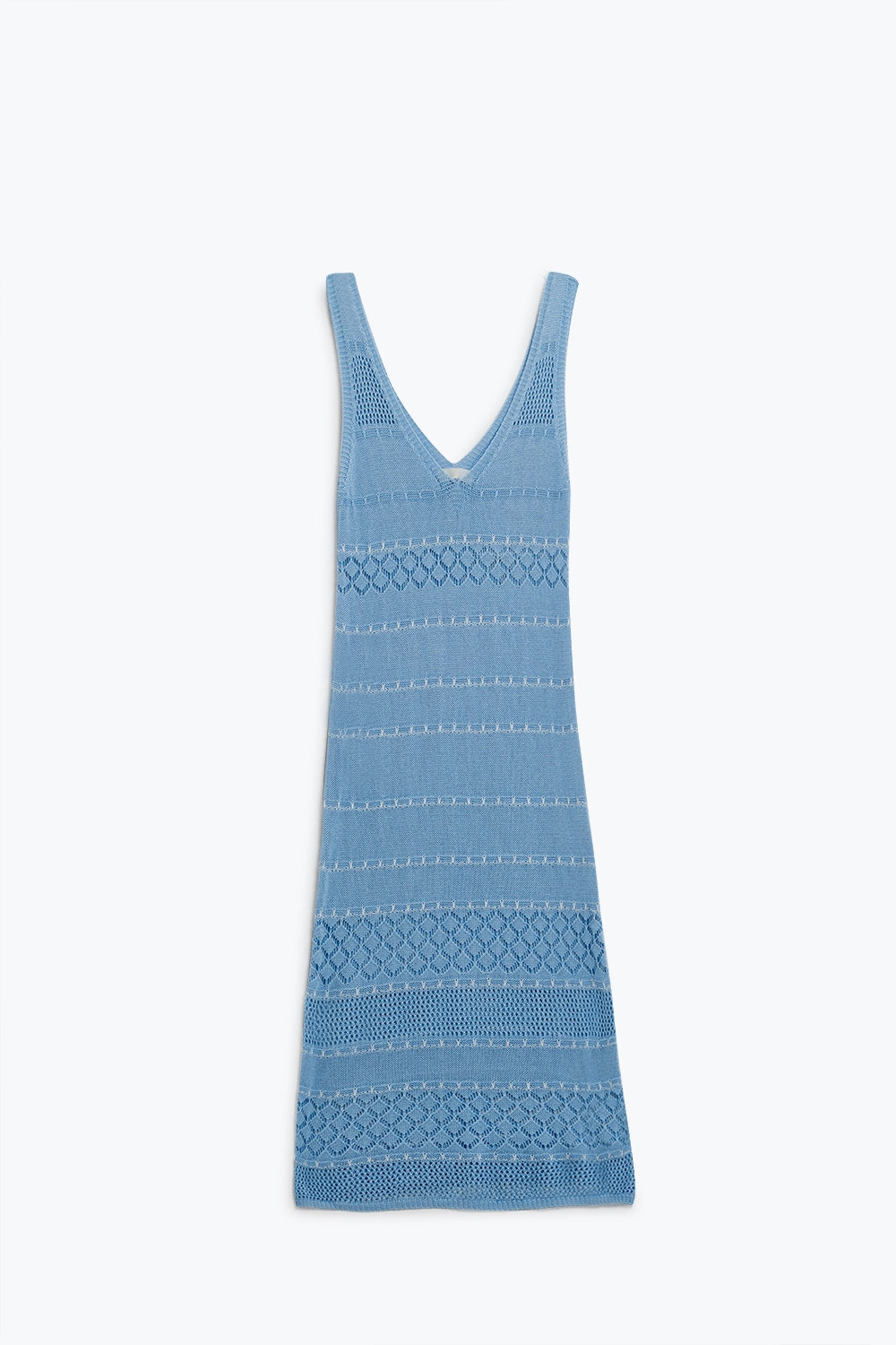 Vestido midi sem mangas azul bebé com decote em V e desenho em croché
