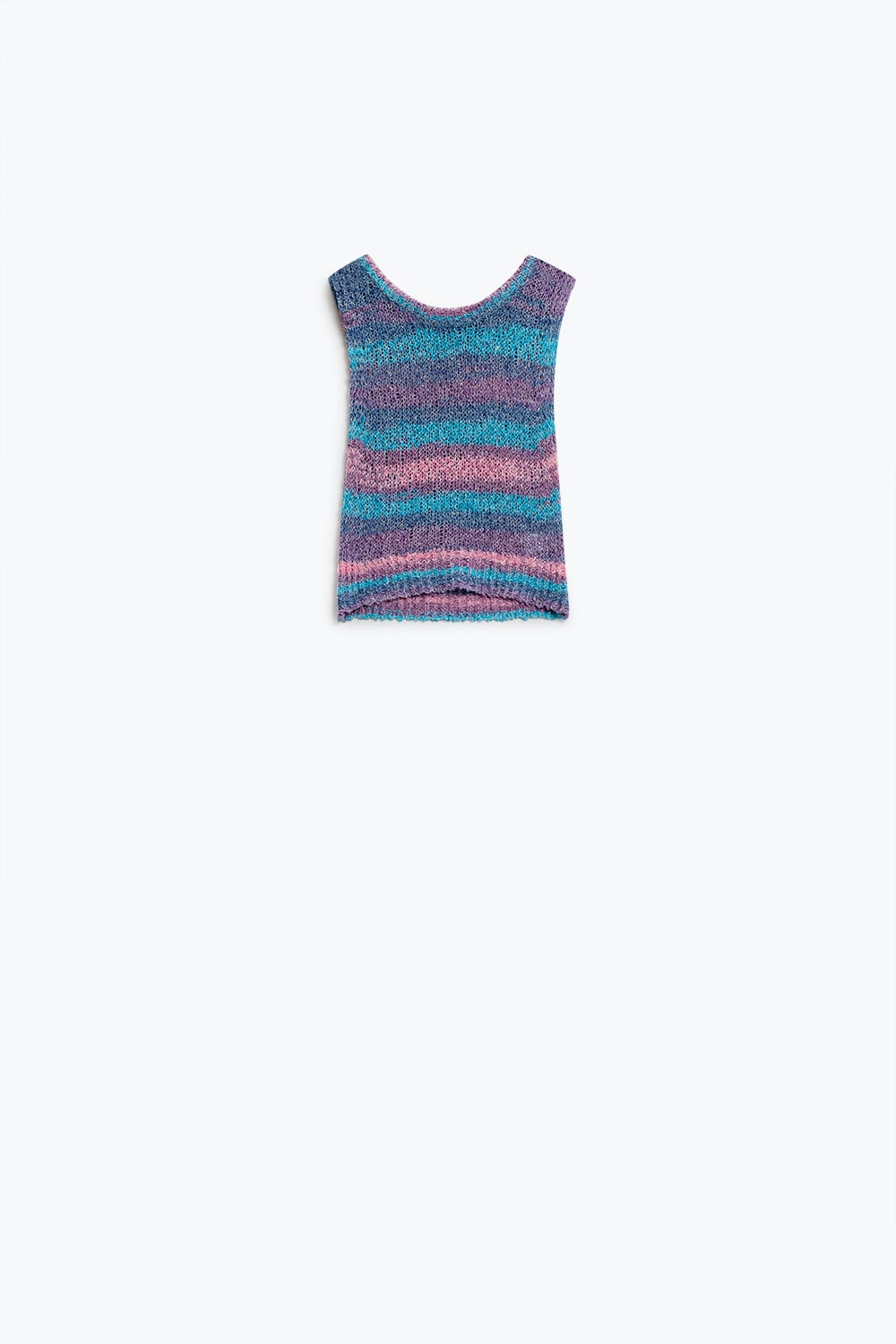 Camisola de malha multicolorida escura sem mangas com riscas e decote em gola redonda