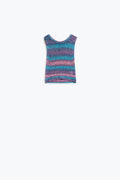 Camisola de malha multicolorida escura sem mangas com riscas e decote em gola redonda