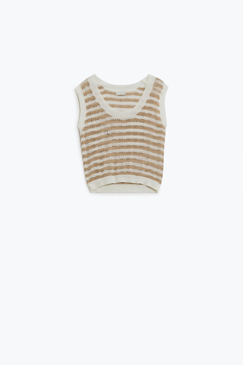 Camisola de malha aberta com corte às riscas e sem mangas em castanho e branco