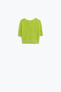 Camisola de malha verde de mangas 3/4 com pormenores de riscas em ziguezague
