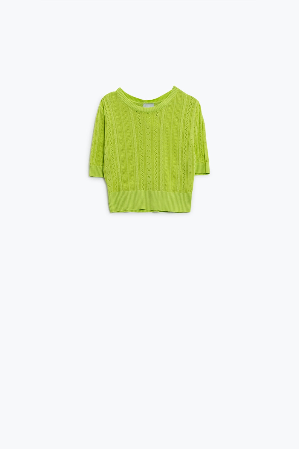 Camisola de malha verde de mangas 3/4 com pormenores de riscas em ziguezague