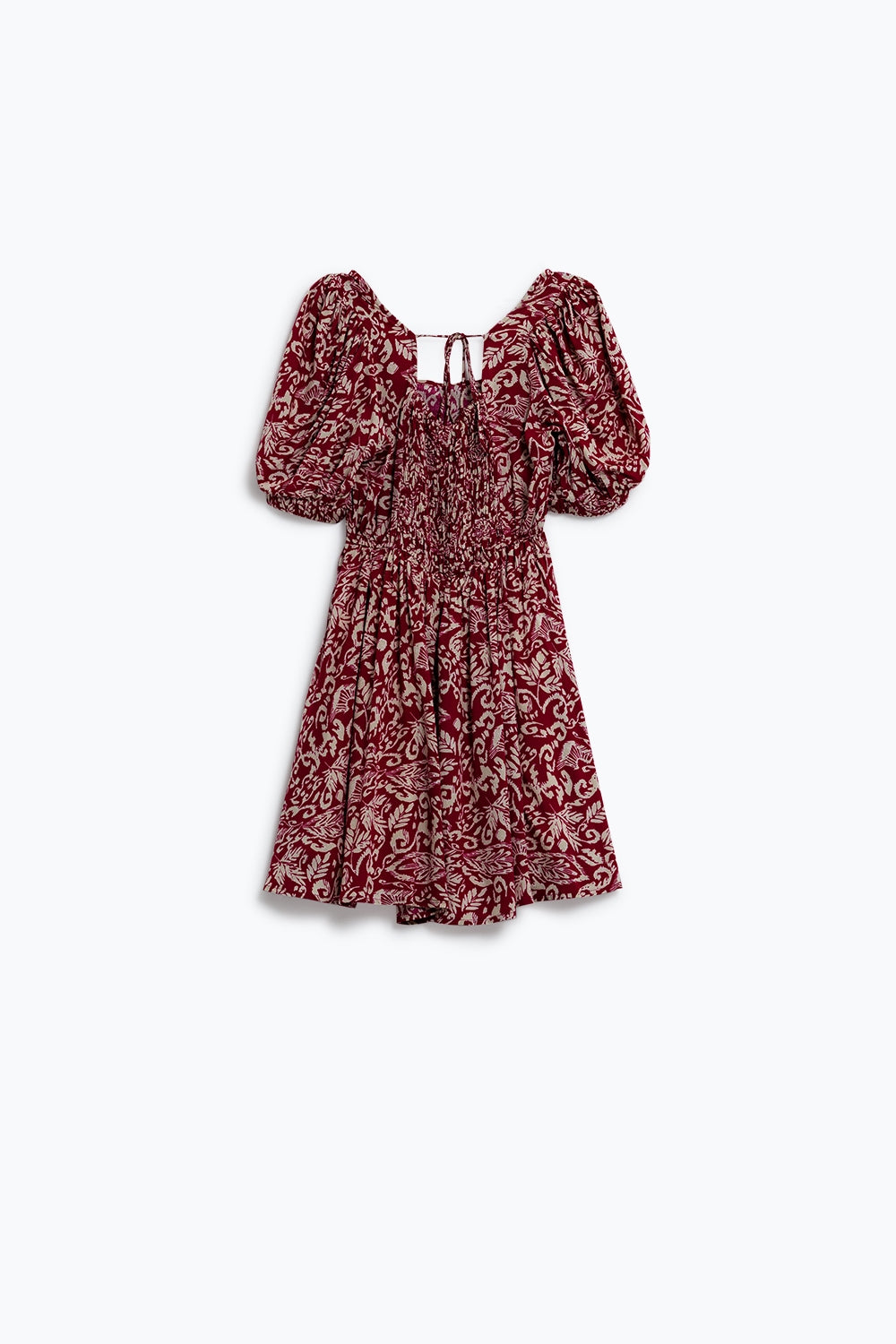 vestido curto com estampado floral e costas franzidas