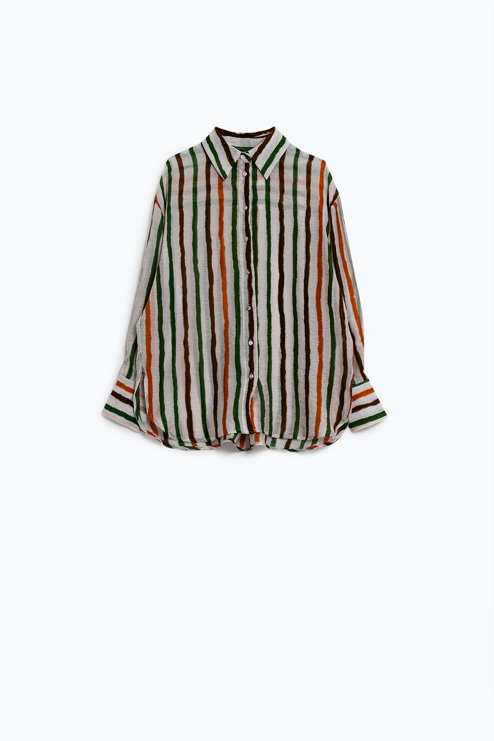 camisa de manga comprida em chiffon com riscas multicoloridas verdes e castanhas
