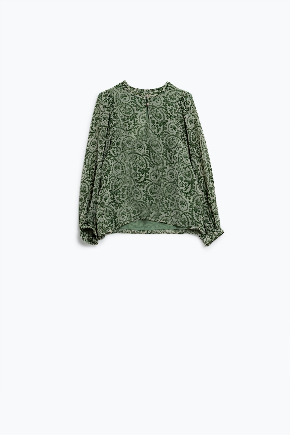 Blusa de chiffon verde com estampado floral e manga comprida em balão