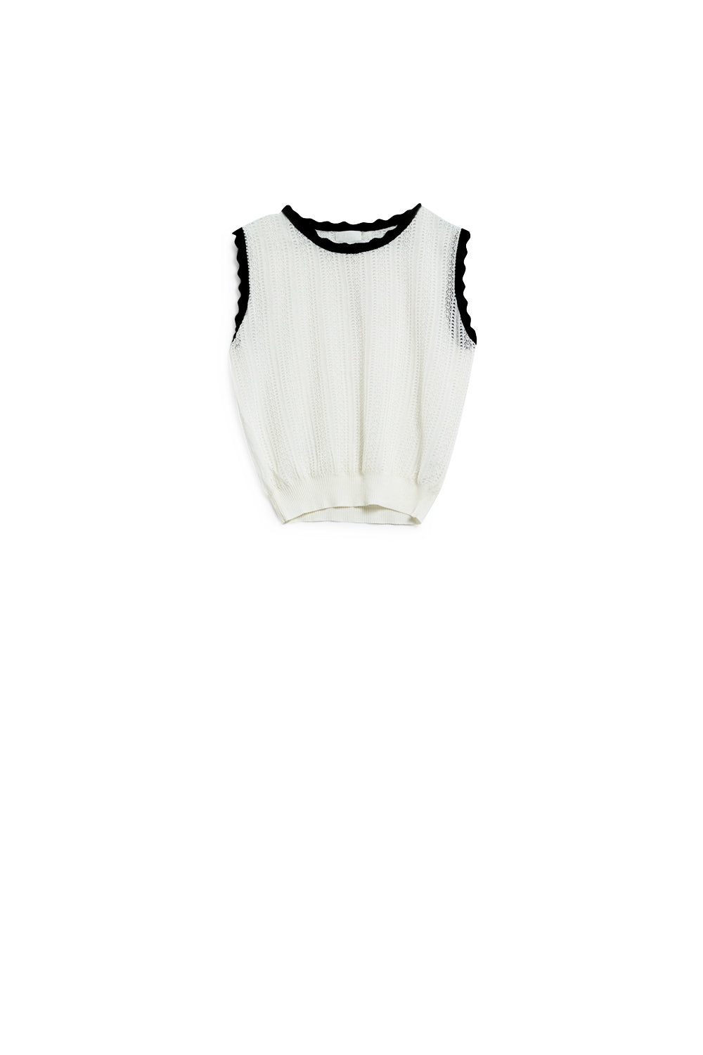 camisola de malha branca com rebordo ondulado preto